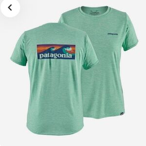 Patagonia Capilene Cool Green Vjosa top, color is aqua/teal